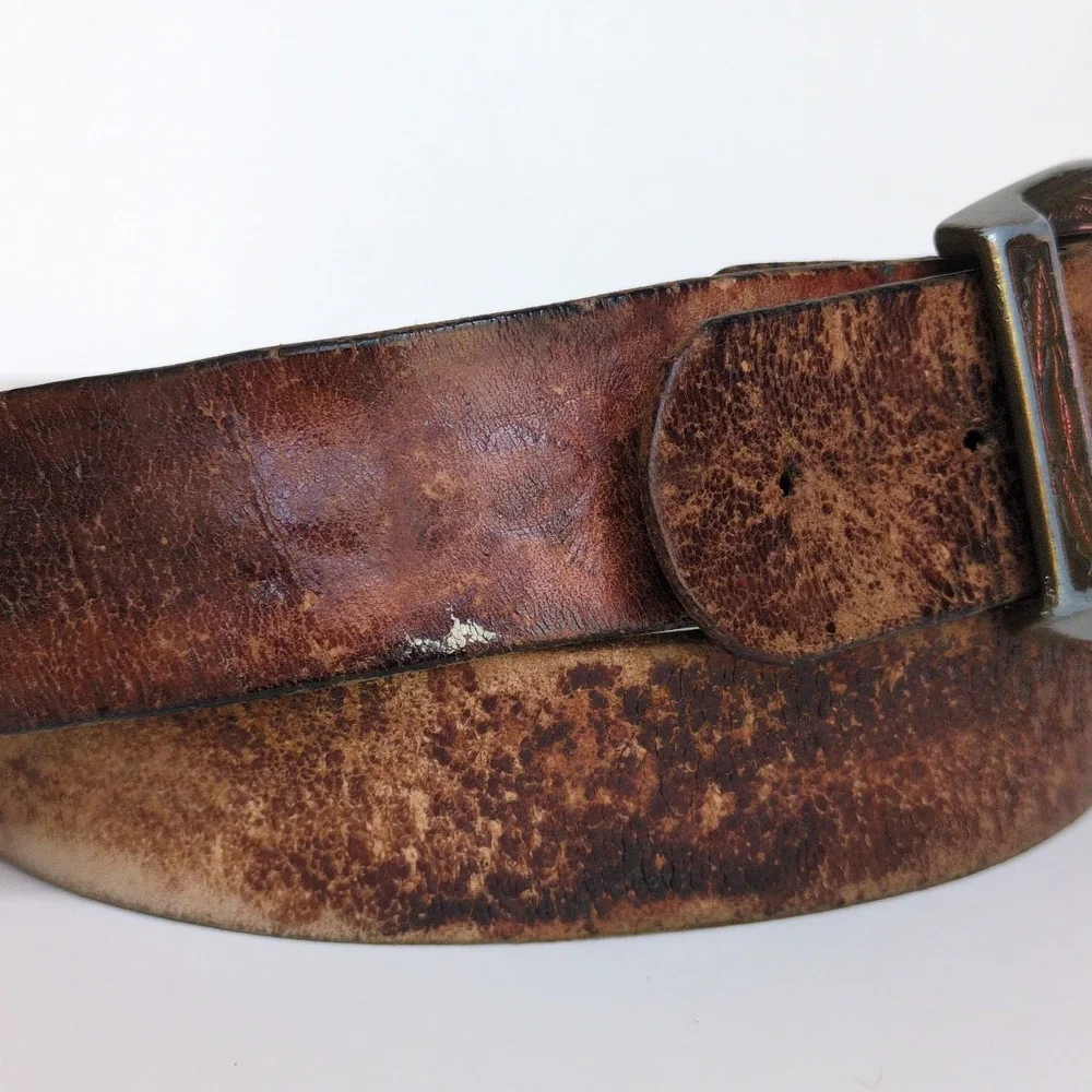 Vtg Leaf Flower Gold Silver Belt Buckle Distressed Leather Belt Engraved Western